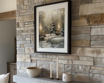 Christmas Cottage Print – Snowy Forest Winter Scene (Digital Download)