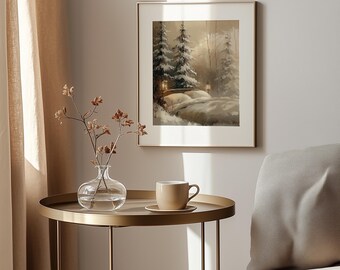 Moody Winter Printable - Foresta innevata con lampione luminoso, accogliente decorazione murale natalizia, acquerello digitale festivo, download immediato 169