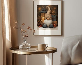 Autumn Gnome Art Print - Rustic Scandinavian Tomte with Lantern (Digital Download)