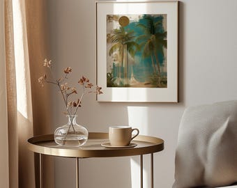 Vintage Tropical Palm Art Print – Mid-Century Seaside Scene (Digital Download)