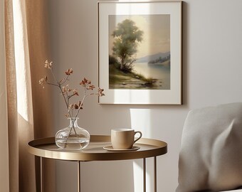 Paesaggio sereno sulla riva del lago stampabile - Scena di alberi tranquilli d'epoca, arredamento naturale suggestivo, toni neutri e tenui, stampa artistica digitale 165