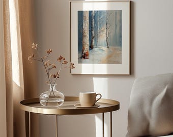 Winter Forest Landscape Print – Snowy Birch Tree Trail (Digital Download)