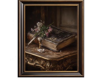 Vintage Still Life Printable - Antique Book & Bloom, Rustic Floral Decor, Moody Classic Art, Realist Painting Digital Download 201