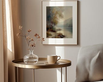 Vintage Lakeside Landscape Art Print – Earthy Tranquil Scene (Digital Download)