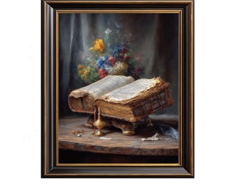 Moody Antique Book & Brass Candlestick Still-Life - Classic Dark-Academia Style, Rustic Vintage Decor, Cozy Printable Art Download 192