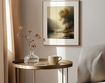 Vintage landschapskunst aan de rivieroever – humeurig pastoraal schilderij (digitale download)