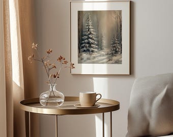 Scena di foresta natalizia suggestiva, boschi sempreverdi invernali accoglienti, decorazioni murali rustiche e festose, tranquillo sentiero innevato, dipinto digitale stampabile 167