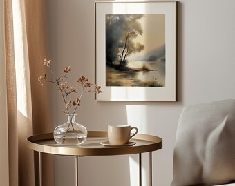 Moody Cottagecore-landschapsprint – solitaire boom, schiereiland (digitale download)