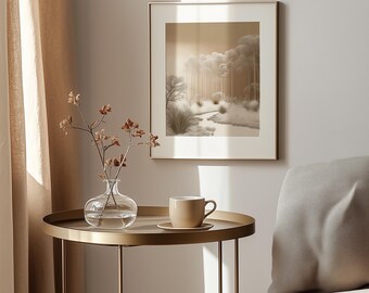 Impression de forêt de bouleaux brumeux - art mural minimaliste calme, scène en relief 3D neutre, décoration scandinave moderne, art numérique imprimable 174