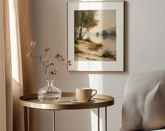 Vintage Riverside Landscape Art Print - Cottagecore Decor (Digital Download)