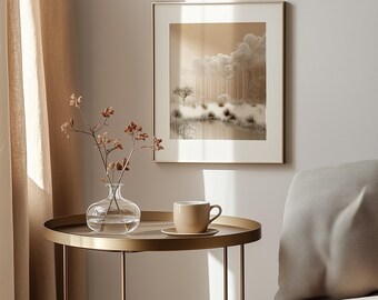 Art mural minimaliste scandinave imprimable - arbres blancs maussades dans la forêt brumeuse, décoration automne neutre, illustration numérique 3D 171