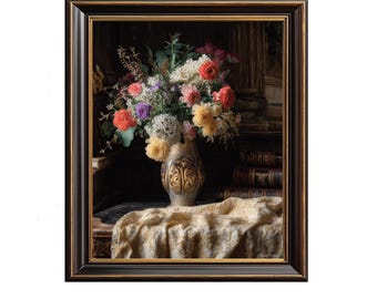 Printable Classical Bouquet Still Life - Vintage Moody Floral Wall Art, Dramatic Flower Arrangement Print, Academic Floral Decor 210