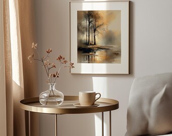 Autumn Landscape Painting – Rustic Shoreline Reflection Art (Digital Download)