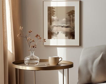 Paysage de forêt neutre imprimable - arbres blancs minimalistes avec reflet sur le lac, art mural paisible, téléchargement numérique de mauvaise humeur art 3D 172