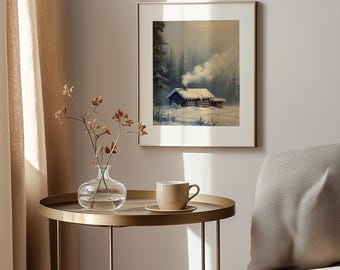 Snowy Cabin Winter Landscape Print – Rustic Forest Scene (Digital Download)