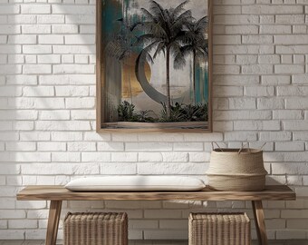 Tropical Palm Tree Art Print – Coastal Crescent Moon (Digital Download)