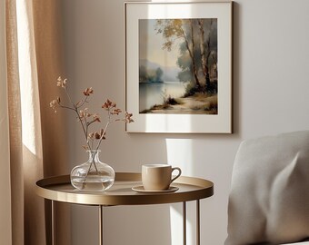 Vintage landschapsschilderij aan het meer - afdrukbare kunst Cottagecore (digitale download)