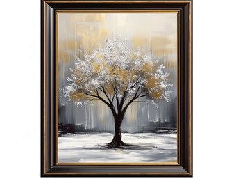Solitary Tree Printable Art - Minimalist Moody Tree Landscape Painting, Neutral Farmhouse Decor, Warm Gold Tones, Digital Download 212
