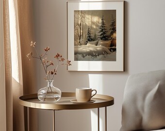 Scena natalizia natalizia stampabile - Sempreverdi innevati, accogliente dipinto di paesaggio invernale, arte murale rustica per le feste, digitale 168