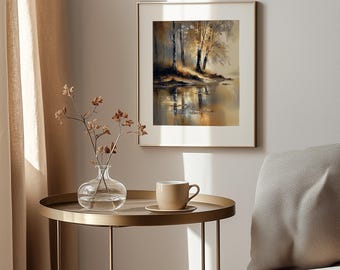 Autumn Riverbank Art Print – Moody Trees, Earth Tones (Digital Download)