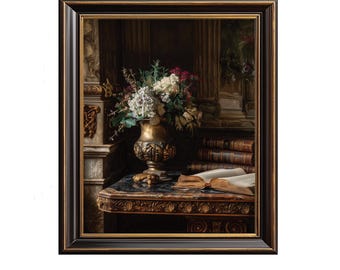 Vintage Floral Still Life - Moody Gilded Urn with Roses, Peonies & Greenery, Baroque Inspired Art, Printable Classical Decor Download 207