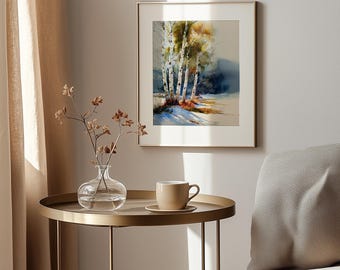 Birch Tree Grove Watercolor Art Print – Autumn Cottagecore Landscape (Digital Download)