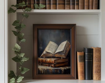 Moody Vintage Library Scene - Scholarly Book Still Life, Classic Leather-bound Book Stack, Cozy Antique Decor, Printable Art, Digital 183