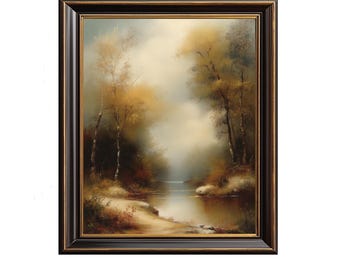 Moody Forest Landscape with Autumn Foliage - Serene Old-World Painting, Vintage Style, Atmospheric Digital Wall Art Printable Download 186