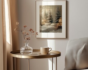 Scena rustica con lampione in una foresta innevata - Decorazione murale natalizia stampabile, accogliente paesaggio invernale, decorazioni natalizie suggestive, download digitale 166