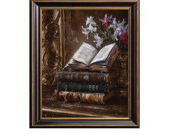 Vintage Still Life Printable - Classic Academic Book Scene with Moody Lighting, Realistic Oil Painting, Digital Download, Antique Decor 202