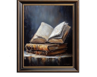 Moody Antique Book Still-Life Printable - Classic Rustic Painting, Cozy Scholarly Decor, Vintage Charm, Digital Art Download 198