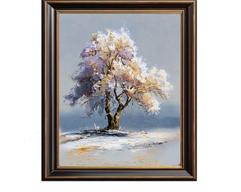 Moody Landscape Printable - Solitary Tree with Soft Pastel Leaves, Cottagecore Painting, Serene Autumn Wall Art, Digital Download 215