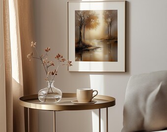 Scena nebbiosa nel bosco autunnale - Dipinto neutro e malinconico, Arte rustica riflettente di uno stagno, Paesaggio forestale appartato, Download digitale stampabile 162