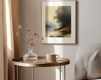 Impresión vintage de paisaje junto al lago: Reflejo tranquilo en el agua (descarga digital)