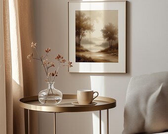 Vintage Sepia Landscape Painting – Rustic Riverside Path (Digital Download)