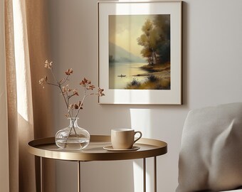 Cuadro vintage de un bote de remos junto al lago: Paisaje rústico y melancólico (descarga digital)