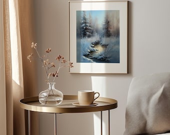 Winter Forest Stream Print – Snowy Woodland Landscape Art (Digital Download)