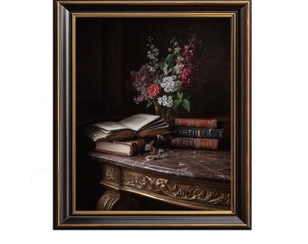 Moody Vintage Still Life Painting - Vase of Flowers, Open Book, Dark Academia Decor, Printable Classic Wall Art, Digital Download 205