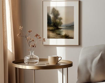 Rustic Lakeside Landscape Painting, Vintage Country Wall Art (Digital Download)