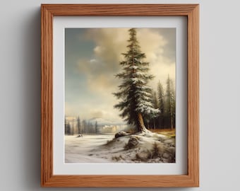 Winter Evergreen Tree Artwork - Rustic Snowy Landscape Painting, Serene Farmhouse Decor,  Digital Download  98