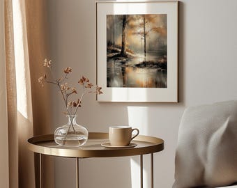 Moody Lake Landscape Art Print – Earthy Neutral Decor (Digital Download)