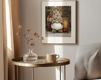 Rustic Autumn Gnome Print – Pumpkin, Pinecones, Farmhouse Decor (Digital Painting)