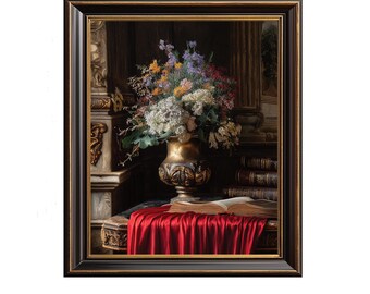 Vintage Floral Still Life Printable Art - Classic Baroque Bouquet in Ornate Urn, Moody Flowers, Digital Download Wall Decor Painting 206