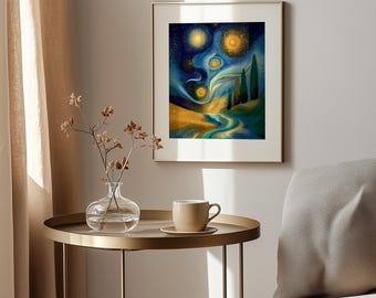 Van Gogh Style Night Sky Print, Swirling Stars Landscape (Digital Download)