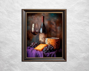 Moody Vintage Still Life with Wine Bottle - Rustic Wine Glass Pairing, Warm Lighting, Realistic Art Depth, Cozy Printable Wall Decor 188