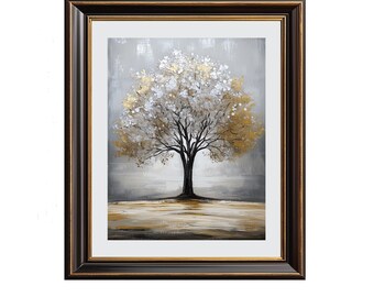 Rustic Isolated Tree Scene - Moody Neutral Painting, Warm Autumn Leaves, Minimalist Farmhouse Wall Art, Cozy Printable Digital Print 214