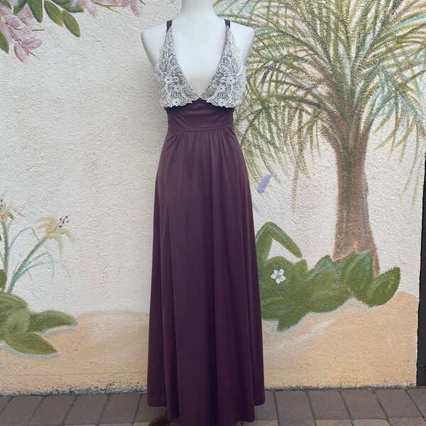 Vintage 60s Maxi Dress, Retro, Summer, Halter Style Plunging Neckline, Backless, by California Look, Lace Lapel, Size S