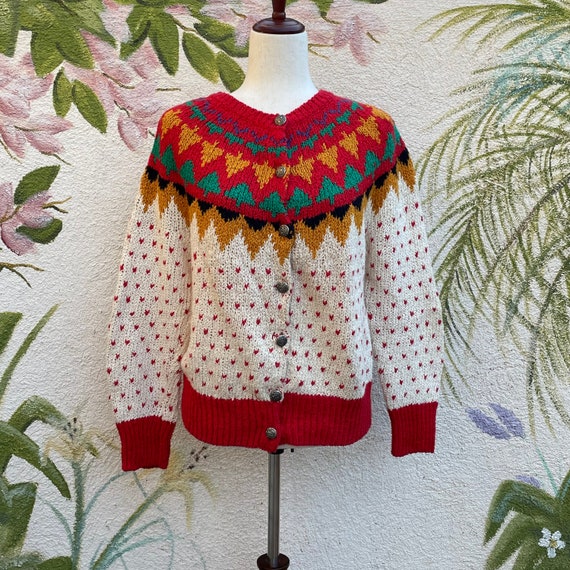 Vintage 90s Cardigan Sweater With Tiny Hearts Beige Red - Etsy