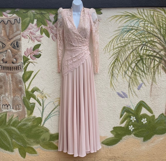 Vintage 80s Pink Lace and Chiffon Dress, Formal G… - image 1