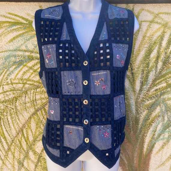 Vintage Vest 1990s, Denim Blue Button Up, Sz Smal… - image 1